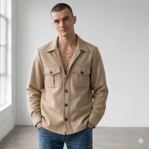 Vintage 70s Wide Collar Disco Polyester Ivory Safari Lounge Shirt Jacket Men's M